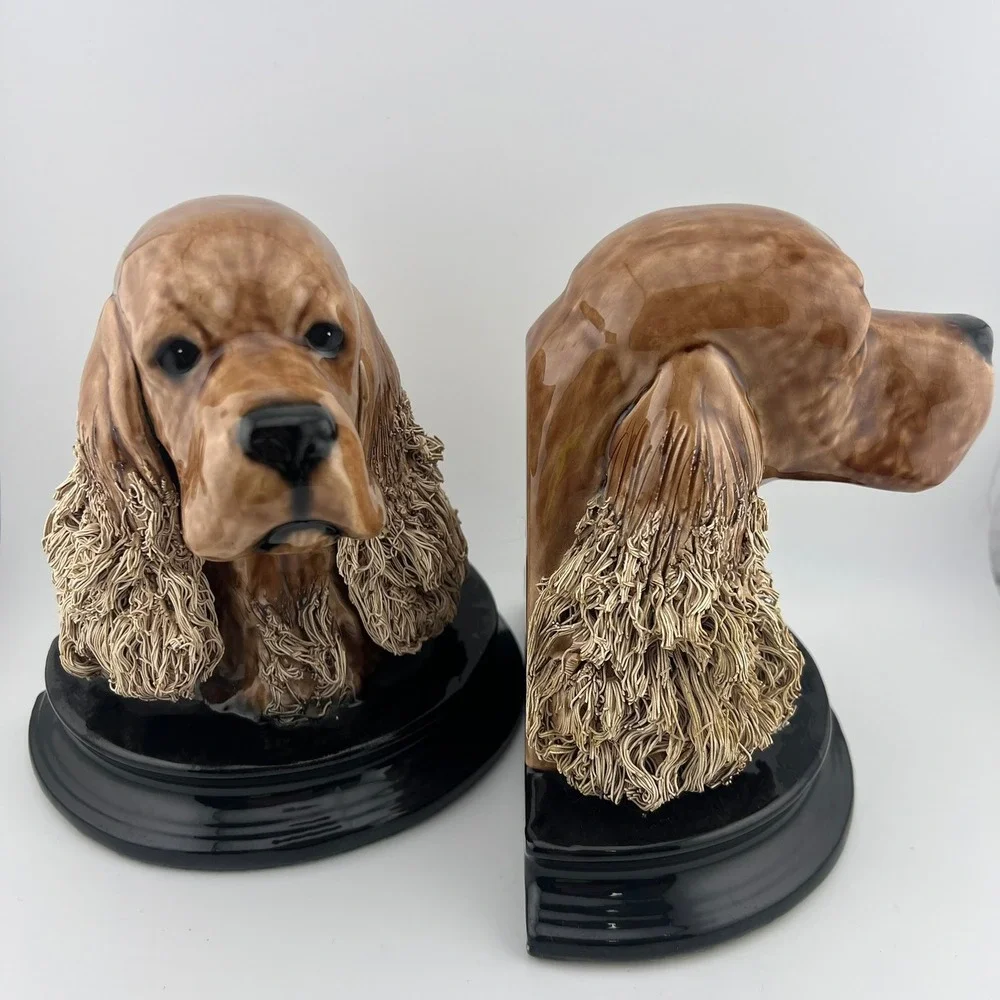 Vintage Cocker Spaniel Dog Bookends Spaghetti Ceramic Heavy Pair
